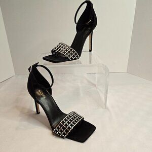 GUESS Women's Saile Heeled Sandal Baguette Stone Stilettos Sz 6.5 Black